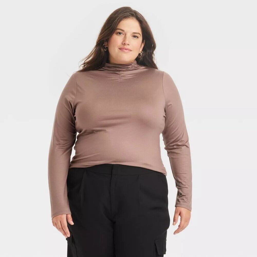 A671 • Chocolate Ruched Mock Turtleneck Long Sleeve Top